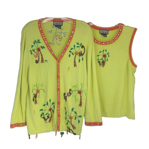 Vintage Berek 2 Tropical Palm Tree Monkey Sz M Novelty Sweater Twinset Beaded - Picture 2 of 11